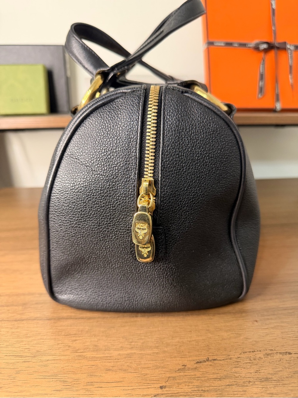 AUTHENTIC - MCM Black Boston Style Too Handle Bag with Gold Hardware - Picture 4 of 13